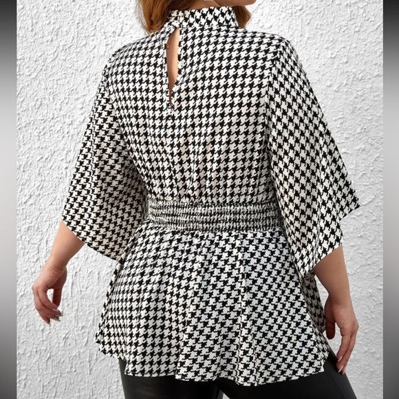 Classic Plus Size Houndstooth Print Mock Neck Peplum Top Blouse Shirt - Picture 3 of 5